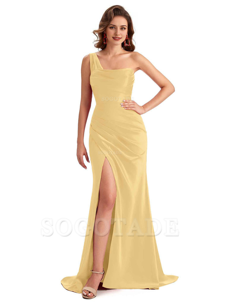 Sexy One Shoulder Side Slit Silky Satin Chic Long Mermaid Trumpet Bridesmaid Dress