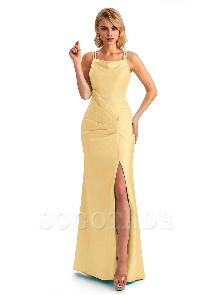 Soft Satin Spaghetti Straps Side Slit Long Unique Mermaid Beautiful Dresses For Wedding