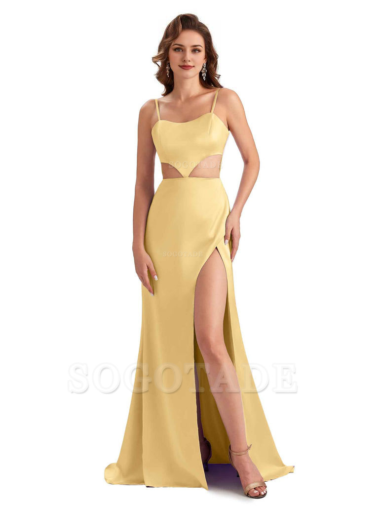 Sexy Satin Side Slit Spaghetti Straps Mermaid Long Unique Curve Wedding Guest Dresses