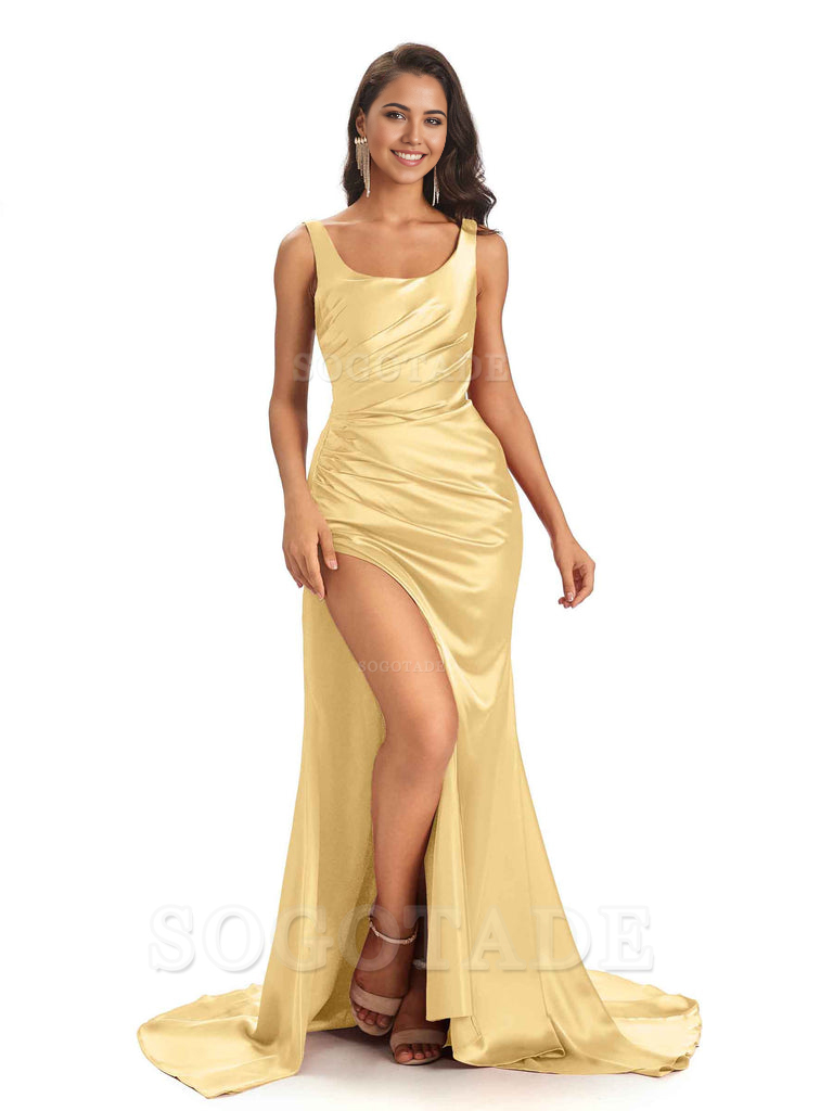 Mermaid Scoop Floor-Length Satin formal dresses evening gown Bridesmaid Dresses 