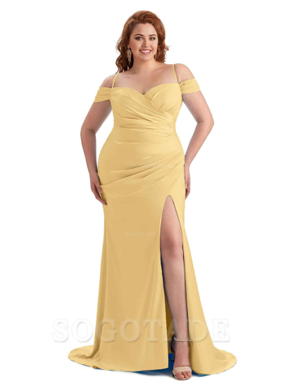 Sexy Side Slit Sleeveless Cold Shoulder Mermaid Soft Satin Long Plus Size Maid of Honor Dresses