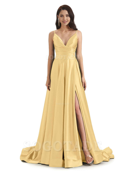 Spaghetti Straps Satin formal dresses evening gown Bridesmaid Dresses With Side Slit 