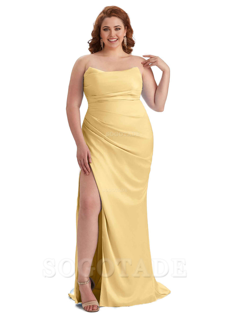 Sexy Side Slit Sleeveless Strapless Mermaid Soft Satin Long Plus Size Bridesmaid Dresses For Wedding