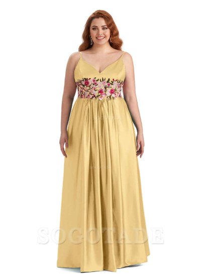 Unique Lace Spaghetti Straps Sleeveless Soft Satin Long Plus Size Bridesmaid Dress For Wedding