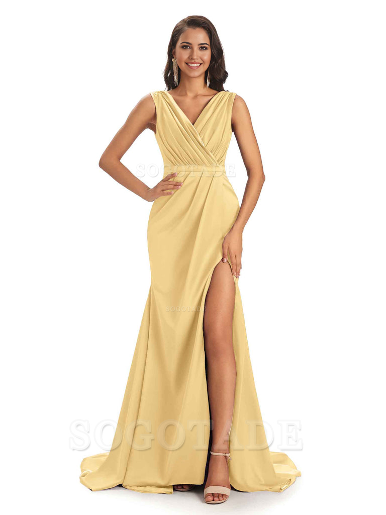 A-line V-neck Floor-Length Satin formal dresses evening gown Bridesmaid Dresses With Side Slit 
