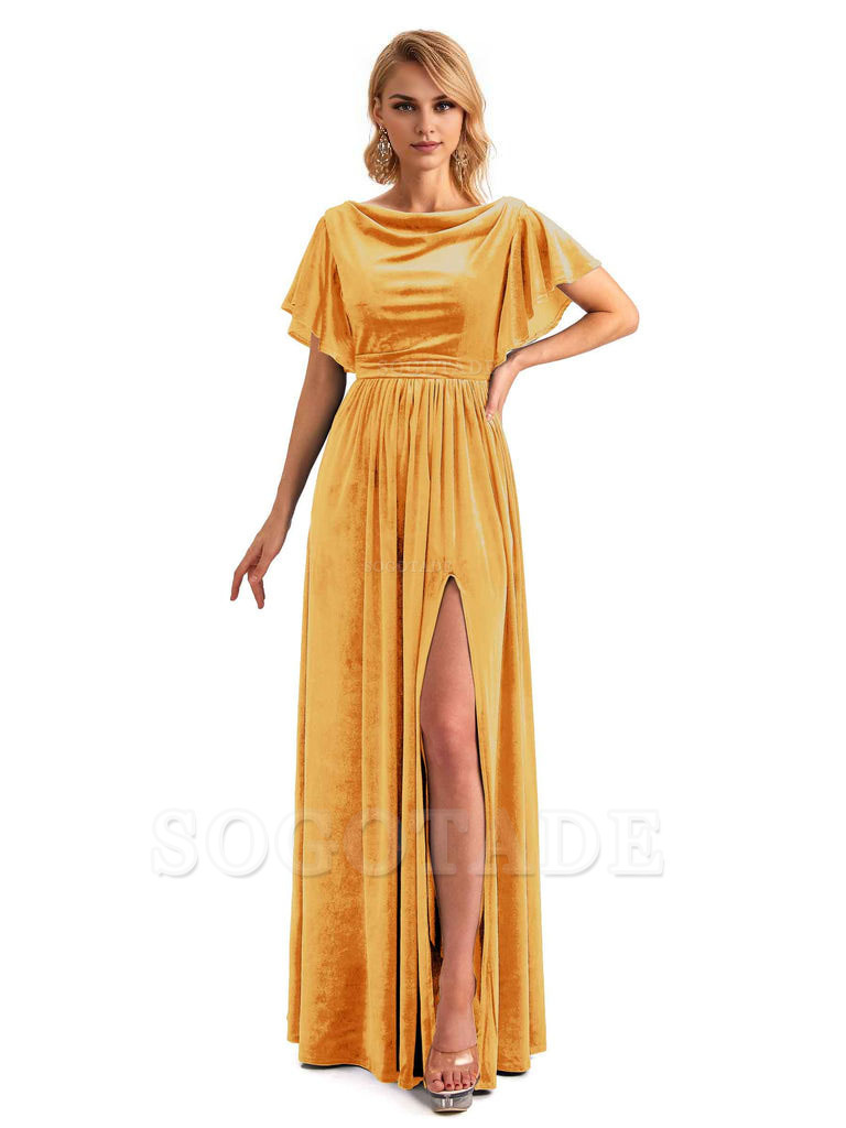 Elegant A-Line Jewel Bat Sleeves Velvet Side Slit Long Bridesmaid Dresses