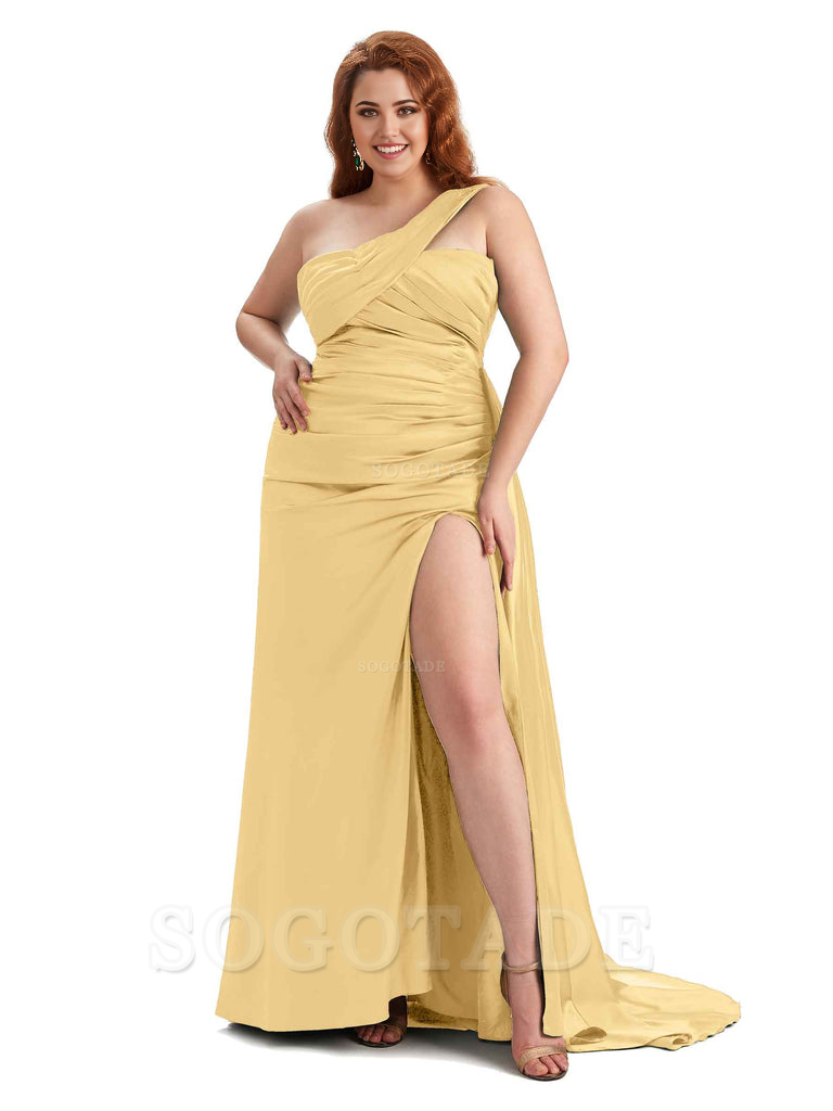  One Shoulder Sleeveless Sexy Side Hight Slit Mermaid Soft Satin Long Plus Size Bridesmaid Gowns