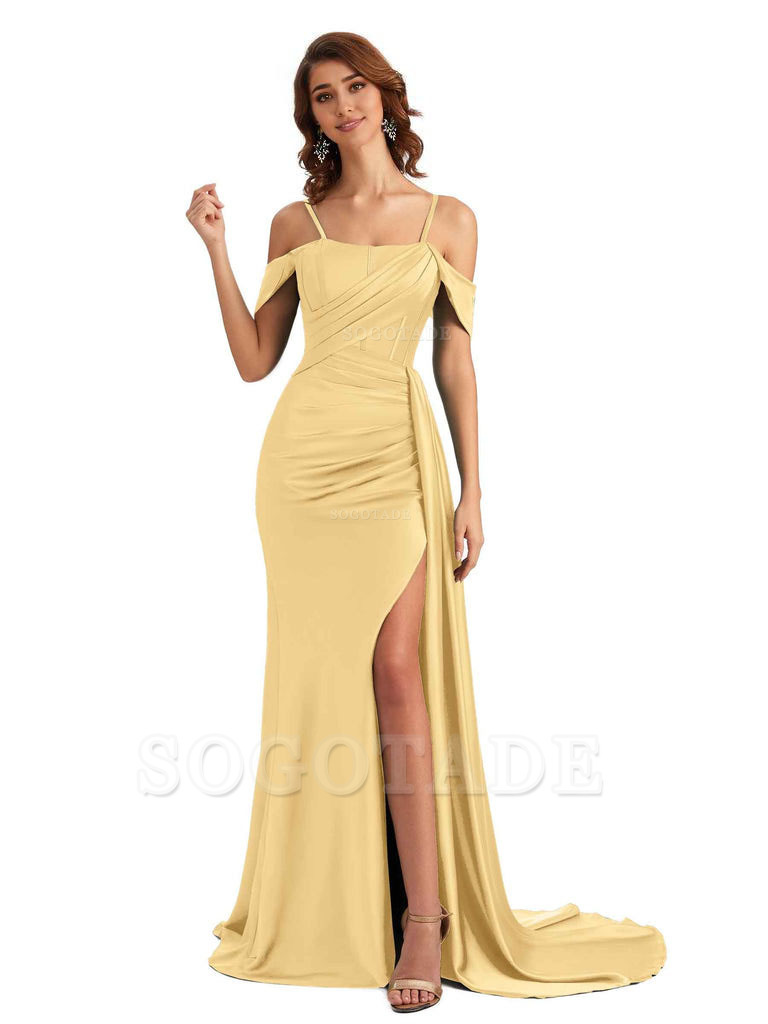 Sexy Side Slit Cold Shoulder Mermaid Satin Chic Long Wedding Guest Dresses
