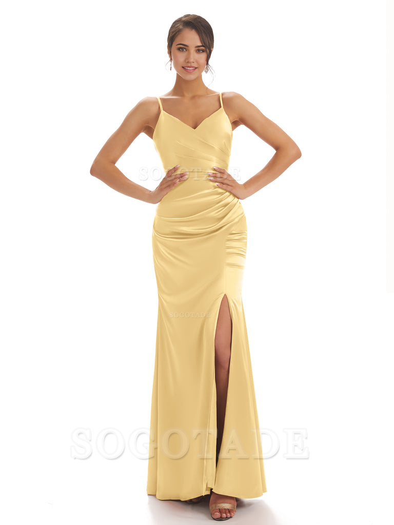 Spaghetti Straps Pleats Satin formal dresses evening gown Bridesmaid Dresses With Side Slit 