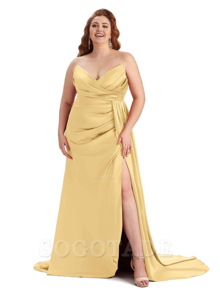 Sexy V-neck Side Slit Sleeveless Mermaid Soft Satin Long Plus Size Bridesmaid Gowns