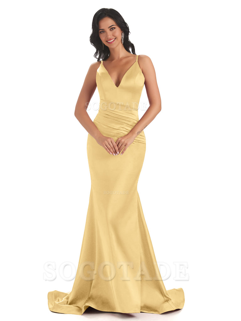 Mermaid Spaghetti V-Neck Straps Satin Long formal dresses evening gown Bridesmaid Dresses With Side Slit 