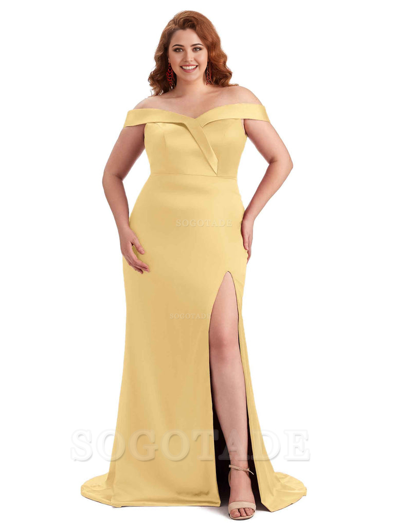 Elegant Off The Shoulder Sleeveless Side Slit Mermaid Soft Satin Long Plus Size Bridesmaid Gowns
