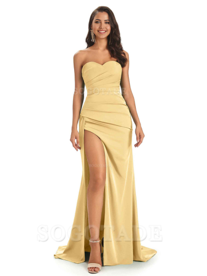 Mermaid Strapless Sweetheart Satin Long formal dresses evening gown Bridesmaid Dresses With Side Slit 
