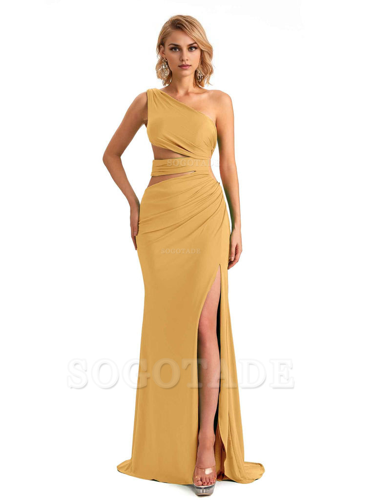 Elegant Mermaid One Shoulder Side Slit Stretchy Jersey Long Formal Bridesmaid Dresses