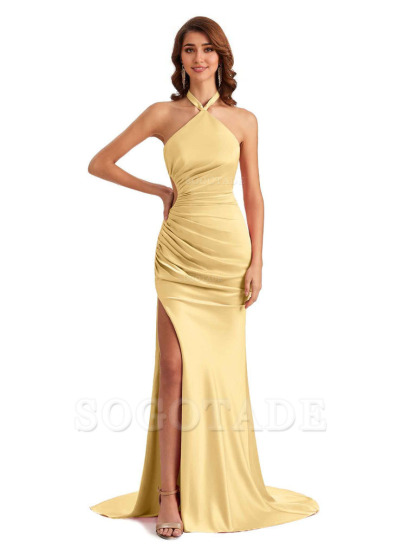 Sexy Halter Mermaid Silky Satin Unique Long Formal Wedding Guest Dresses
