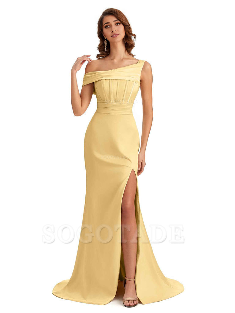 Elegant Asymmetrical Neck Soft Satin Side Slit Long Mermaid Bridesmaid Dresses