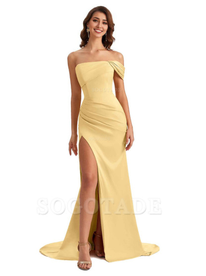 Unique One Shoulder Side Slit Satin Long Formal Dresses For Bridesmaid Dresses