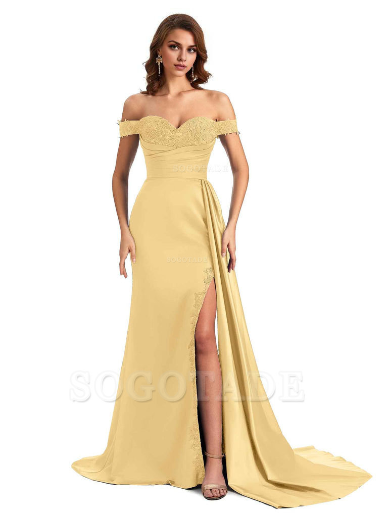 Sexy Off The Shoulder Mermaid Side Slit Silky Satin Long Bridesmaid Dress For Wedding