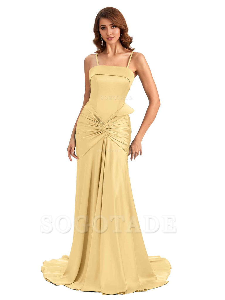 Sexy Mermaid Spaghetti Straps Silky Satin Unique Long Bridesmaid Dress For Wedding
