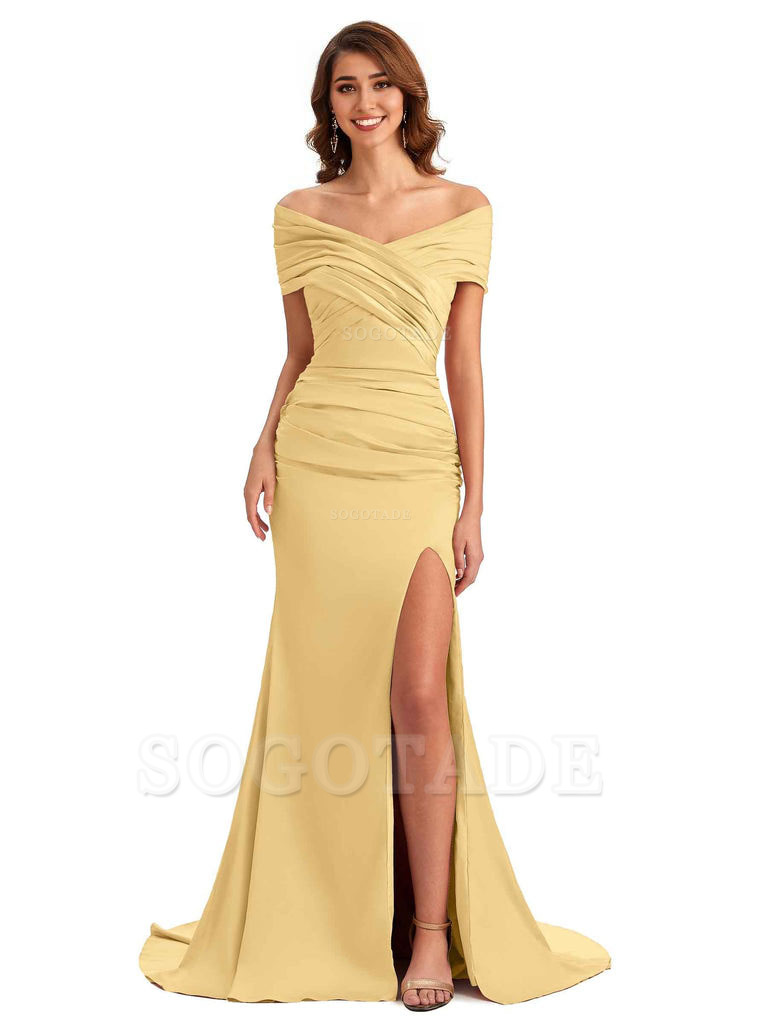 Sexy Off The Shoulder Side Slit Mermaid Satin Unique Long Formal Wedding Guest Dresses