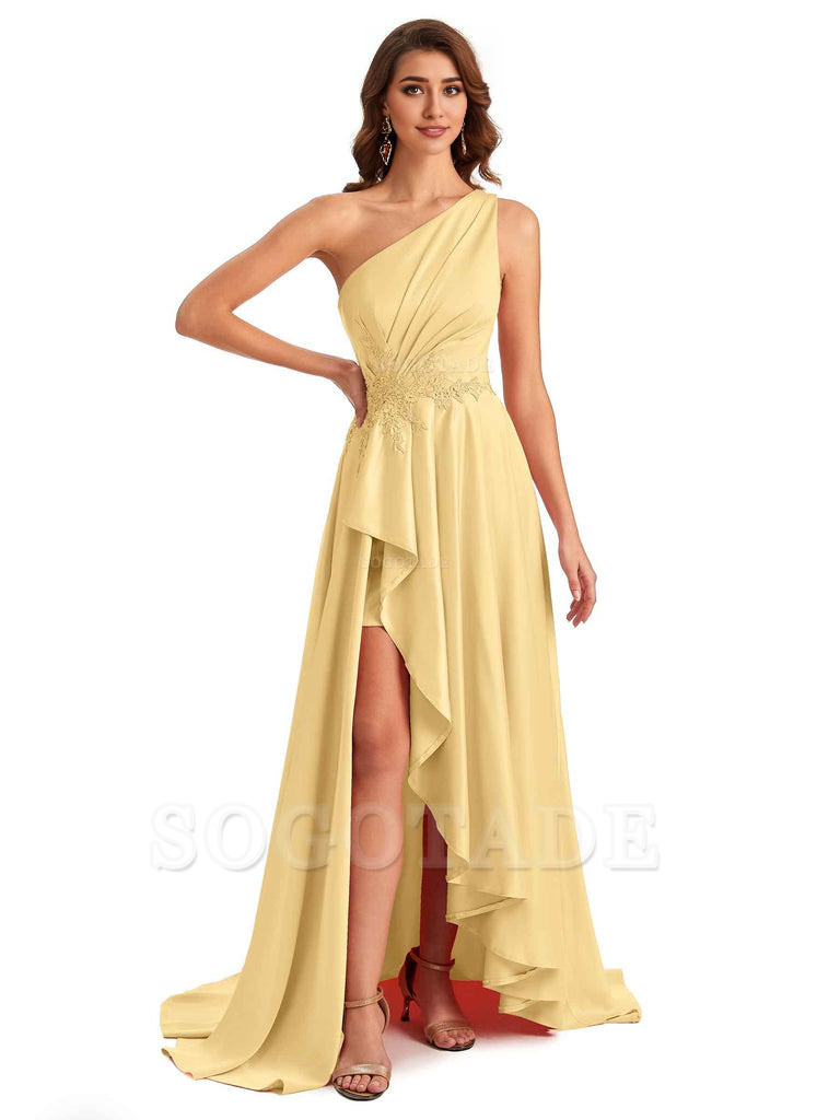 Sexy One Shoulder A-Line High Low Silky Satin Lace Long Formal Wedding Guest Dresses