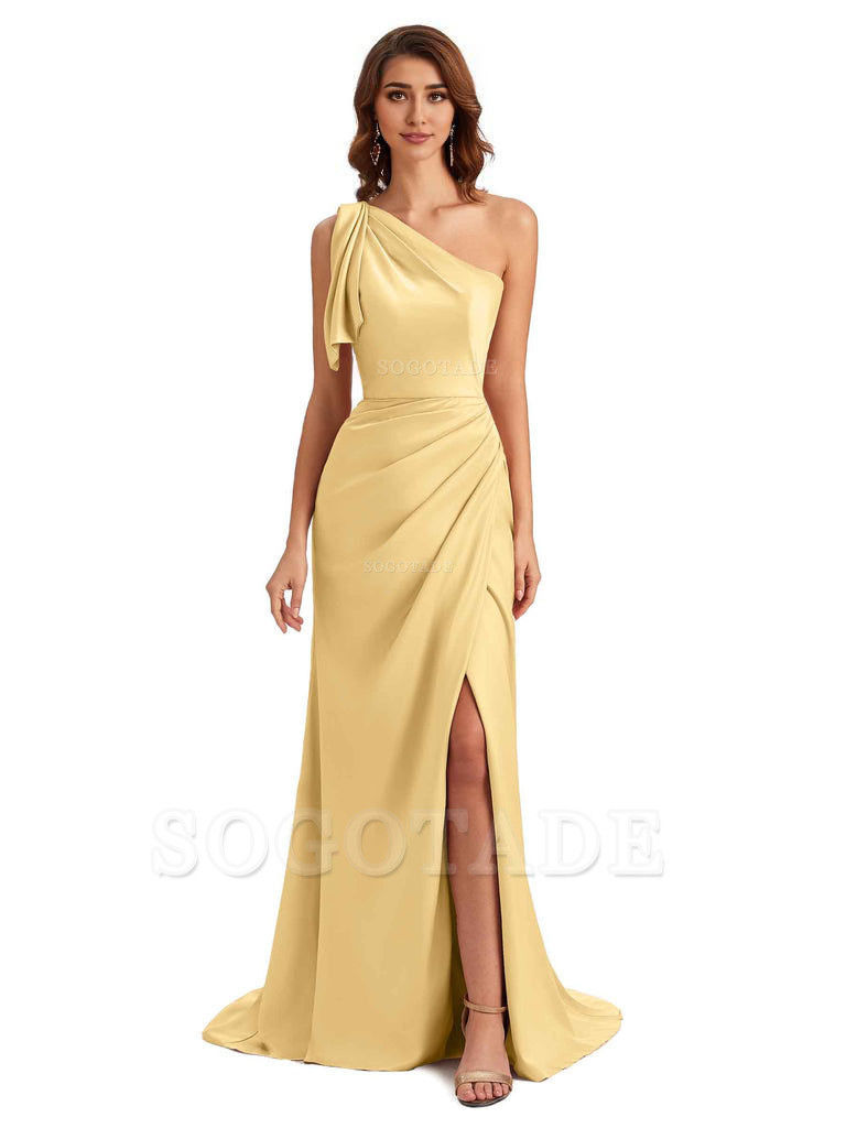 Sexy One Shoulder Mermaid Side Slit Unique Silky Satin Bridesmaid Dresses 
