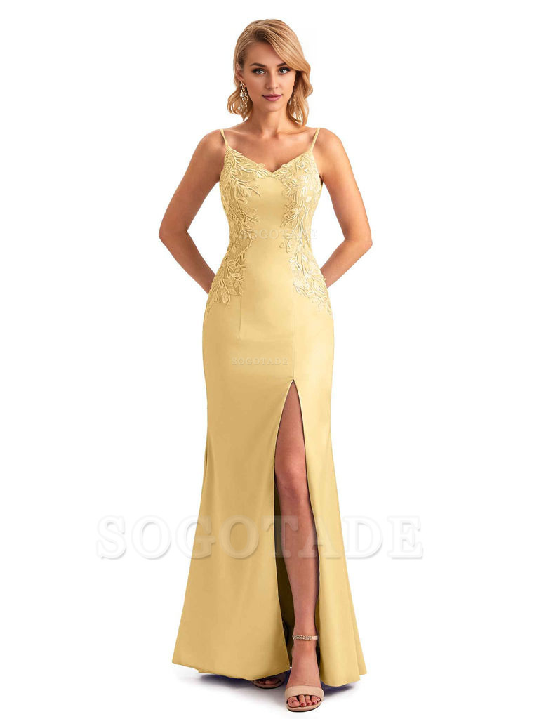 Sexy Side Split Mermaid Spaghetti Straps Soft Satin Unique Lace Long Bridesmaid Dresses