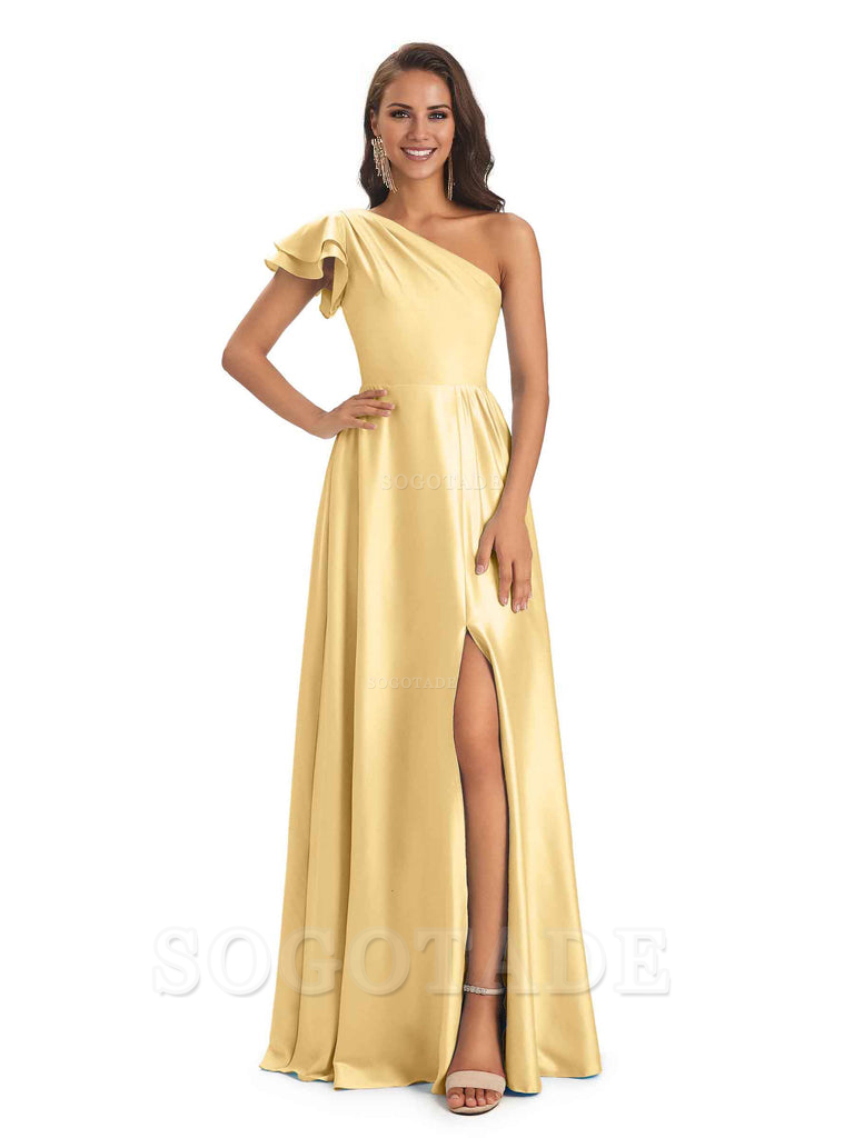 A-Line One Shoulder Ladies Long Bridesmaid Dresses Soft Satin Side Slit Elegant Evening Party Dress