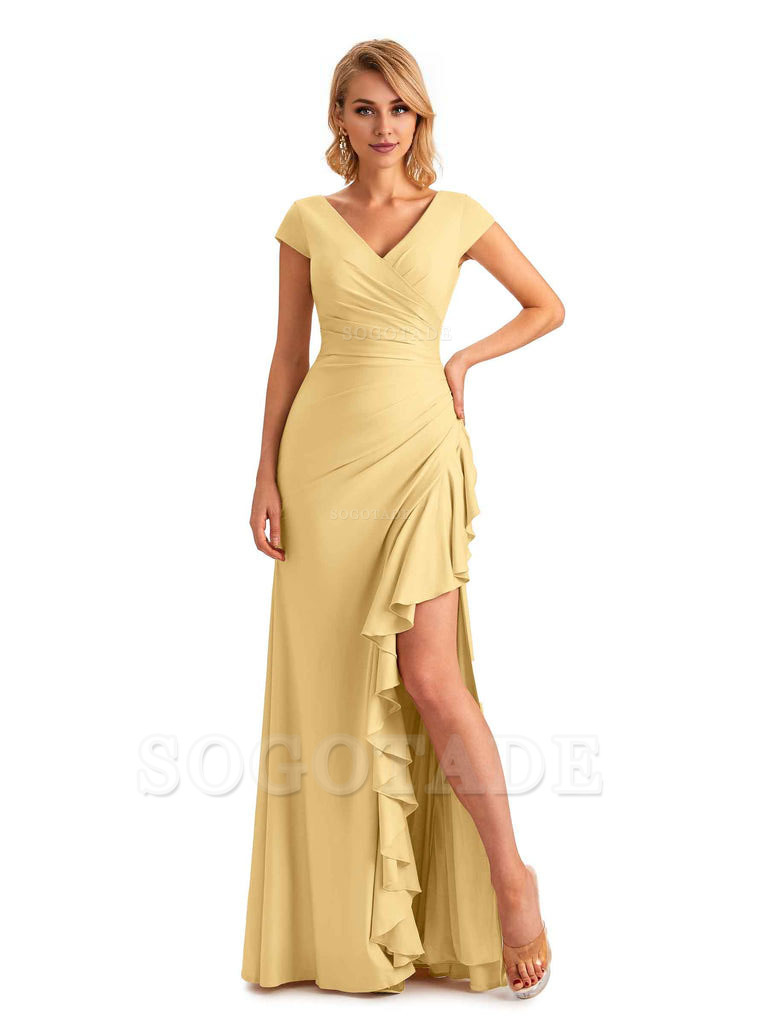 Sexy Side Slit Short Sleeves Mermaid Soft Satin Unique Long Maid Of Honor Dresses