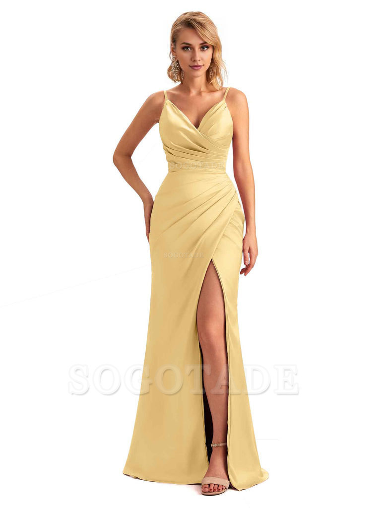 Sexy Side Slit V-Neck Mermaid Silky Satin Unique Long Formal Ladies Bridesmaid Dresses