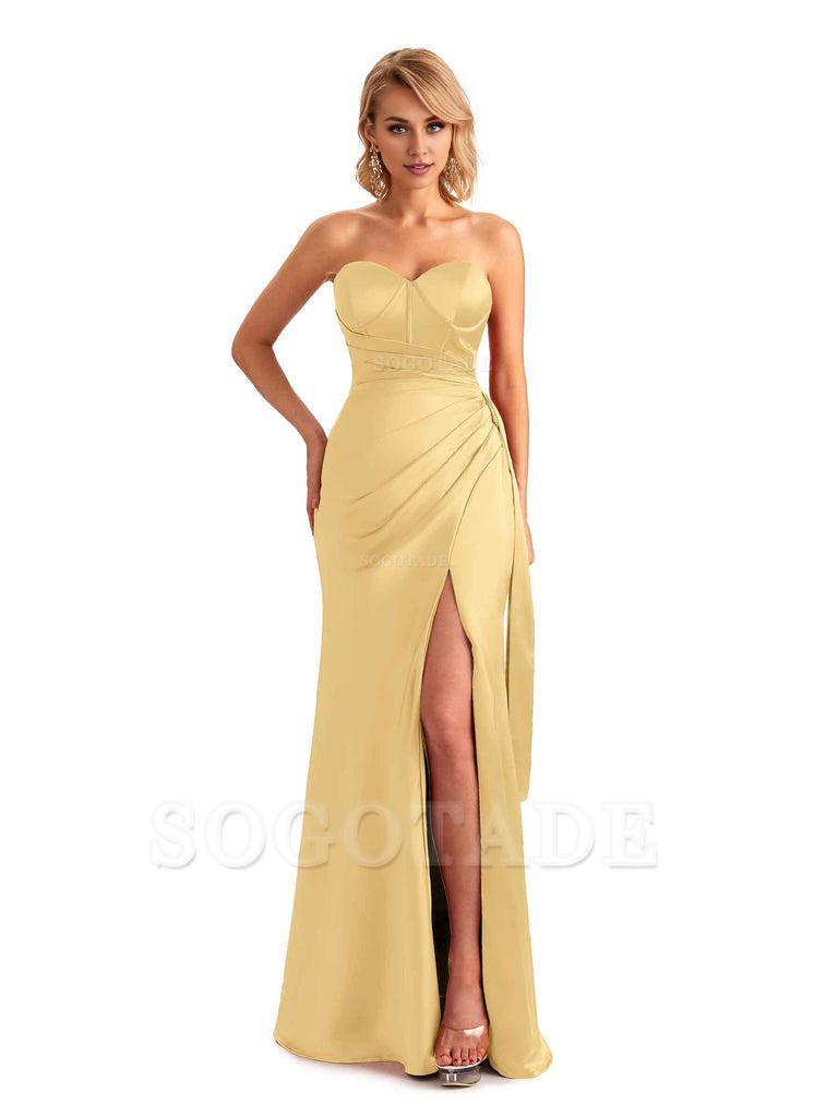 Sexy Side Slit Strapless Mermaid Soft Satin Unique Long Bridesmaid Dress For Wedding