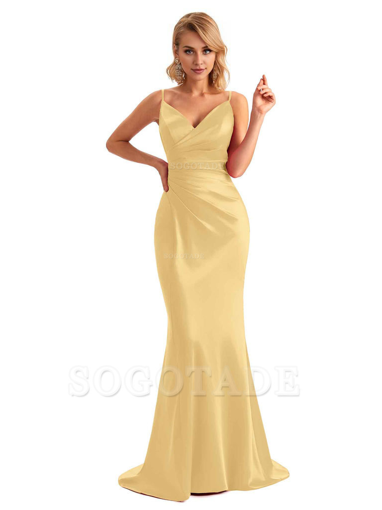  Sexy Backless Mermaid Spaghetti Straps Unique Long Formal Satin Dress For Women
