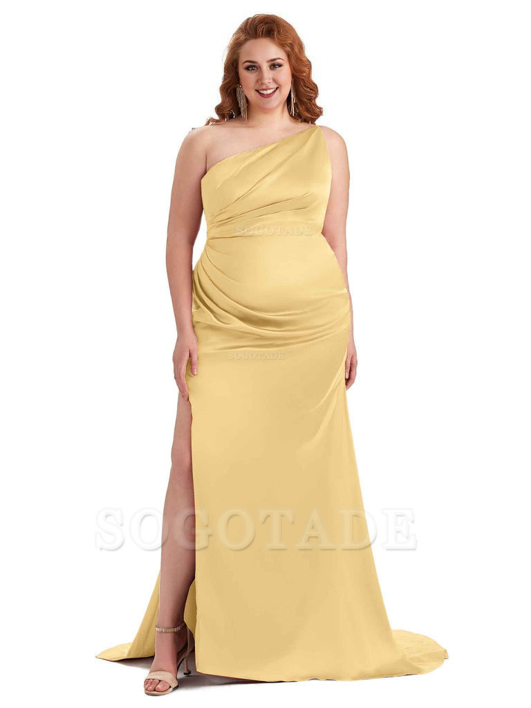 Sexy One Shoulder Side Slit Mermaid Soft Satin Long Plus Size Bridesmaid Dress For Wedding
