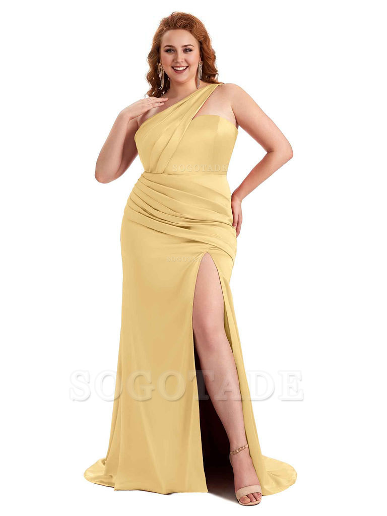 Sexy Side Slit One Shoulder Mermaid Soft Satin Long Plus Size Matron of Honor Dress For Wedding