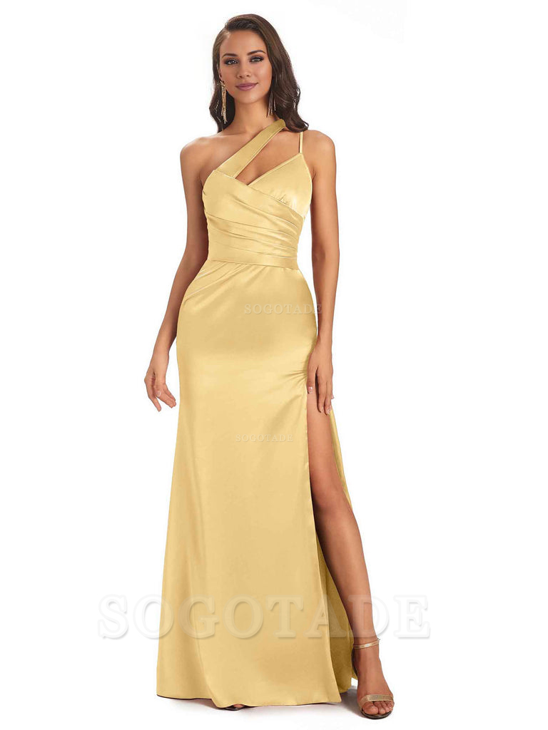 Elegant Soft Satin Side Slit One Shoulder Floor-Length Maxi Bridesmaid Dresses Evening Party Dress