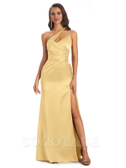 Elegant Soft Satin Side Slit One Shoulder Floor-Length Maxi Bridesmaid Dresses Evening Party Dress
