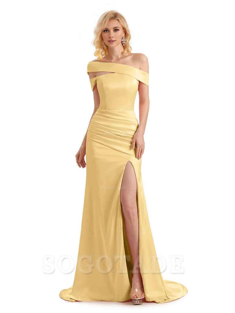 Elegant Asymmetrical Unique Soft Satin Side Slit Long Mermaid Bridesmaid Dresses Charming Evening Party Dress