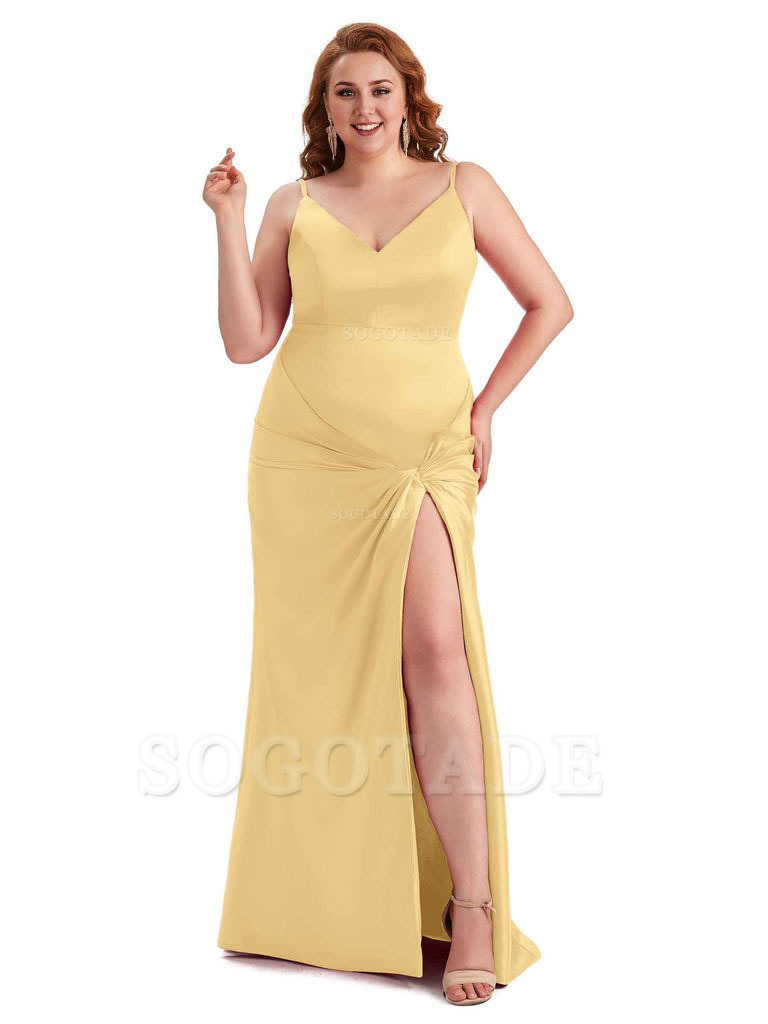 Sexy Spaghetti Straps V-neck Side Slit Mermaid Soft Satin Long Plus Size Bridesmaid Dress