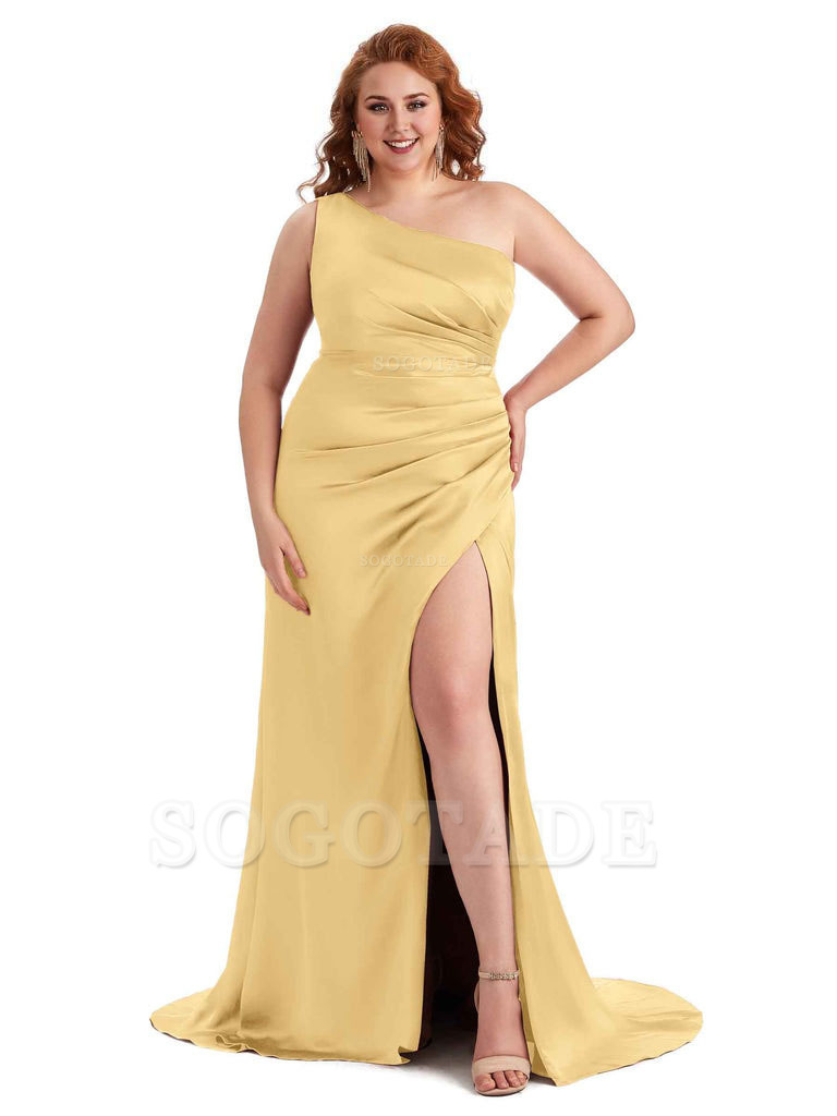 Sexy One Shoulder Side Slit Mermaid Soft Satin Long Plus Size Maid of Honor Dress For Wedding