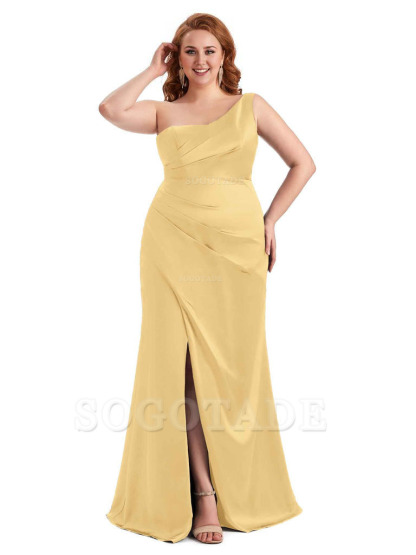 Sexy Side Slit One Shoulder Mermaid Long Plus Size Satin Maxi Dresses