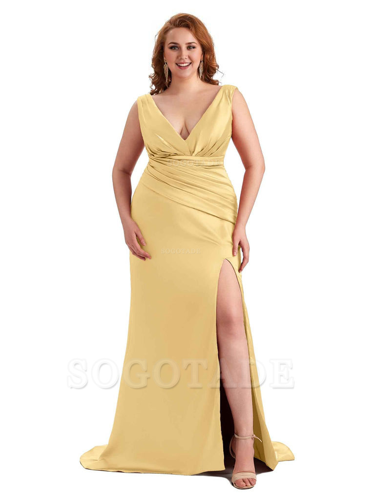 Elegant V-neck Side Slit Mermaid Soft Satin Long Plus Size Bridesmaid Dress For Wedding
