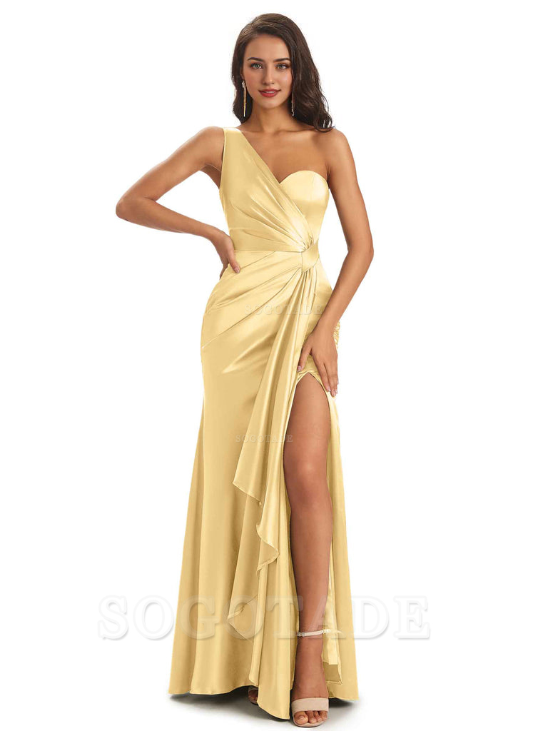 Elegant Soft Satin Side Slit One Shoulder Unique Mermaid Bridesmaid Dresses Online prom dresses shops