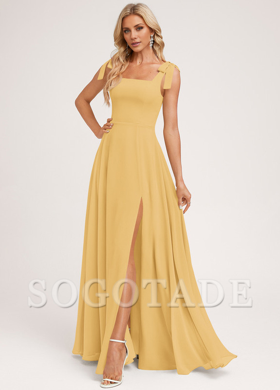 A-shaped square bow landing chiffon bridesmaid dress