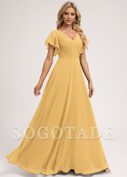 Ruffle A-line V-neck and floor chiffon bridesmaid dress