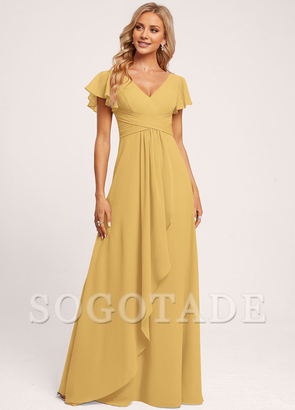 Ruffle A-line V-neck and floor chiffon bridesmaid dress