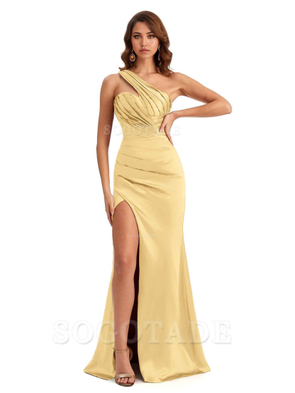 Sheath One shoulder Satin formal dresses evening gown Bridesmaid Dresses With Side Slit 