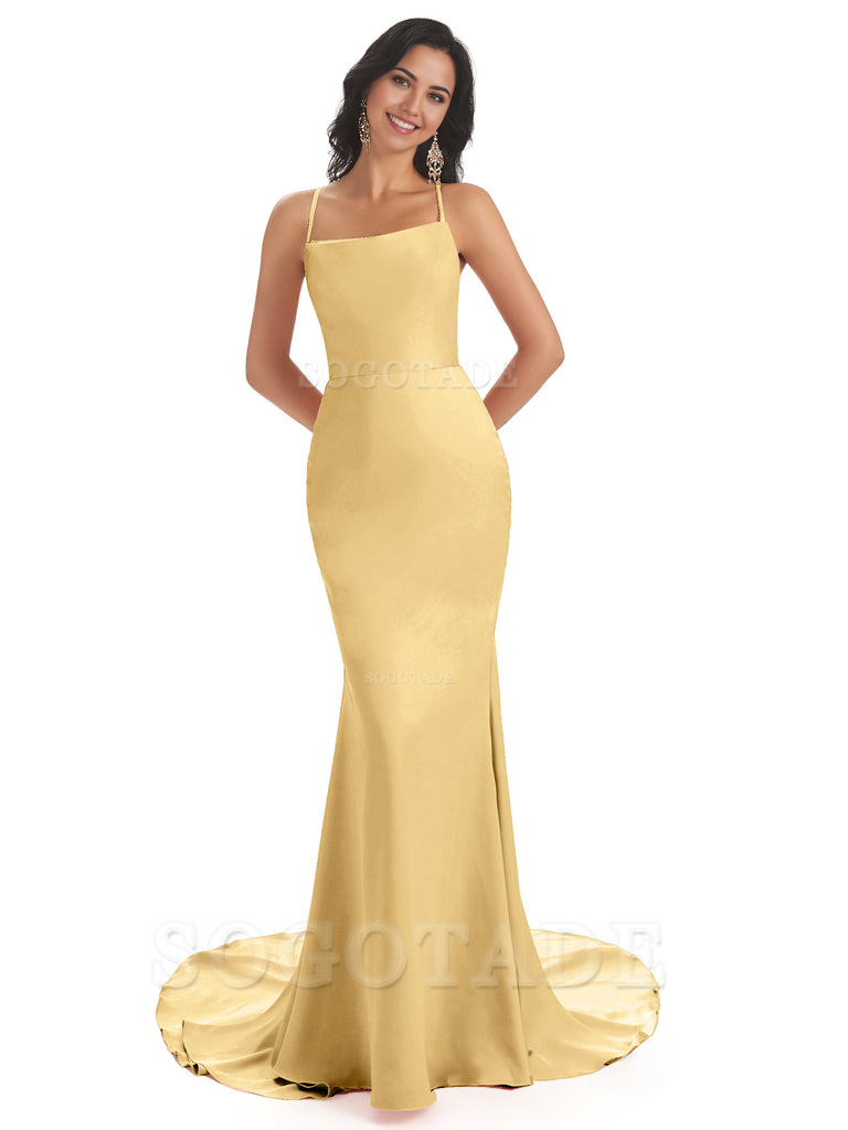 Mermaid Spaghetti Backless Straps Satin Long formal dresses evening gown Bridesmaid Dresses