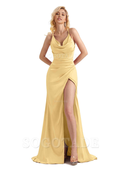Sheath Cowl Neck Satin formal dresses evening gown Bridesmaid Dresses With Side Slit 