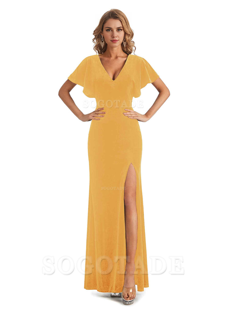 Mermaid Cultivate oneself V-Neck Short Sleeves Side Slit Velvet Long Elegant Simple Bridesmaid Dresses Formal Women's Dresses Wedding Guests Dresses