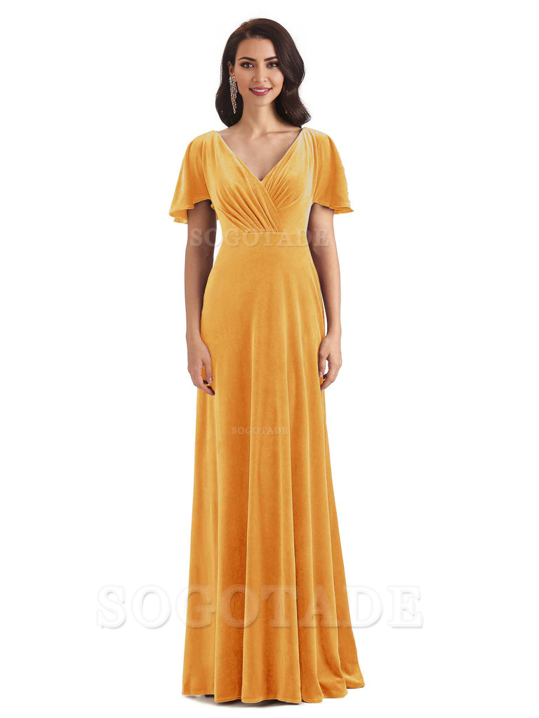 V-Neck Sexy See Through Short Sleeves Lace up Velvet Long Bridesmaid Dresses Formal Women's Dresses Wedding Guests Dresses